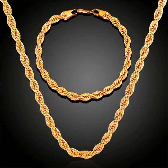 ⭐  2pc. Diamond Cut Rope Set 22" Chain and 7.75" Bracelet 4mm Wide 18K Gold  ⭐ - Picture 2 of 7